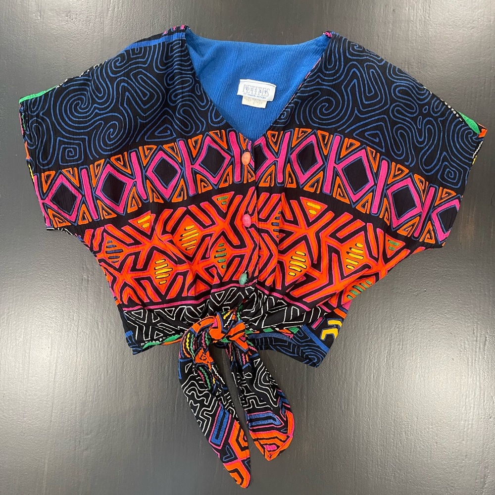 Vintage Essay Multicolored Tie Crop Blouse Sz 4